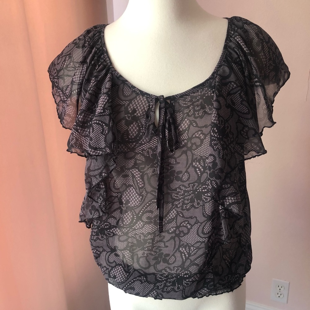 Charlotte Russe Sheer Ruffle Sleeves Floral Lace Print Blouse Top